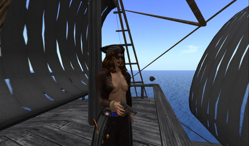 Anne Bonny, exposed breasts with a hint of nipples exposed while standing on her ship ready for battle.