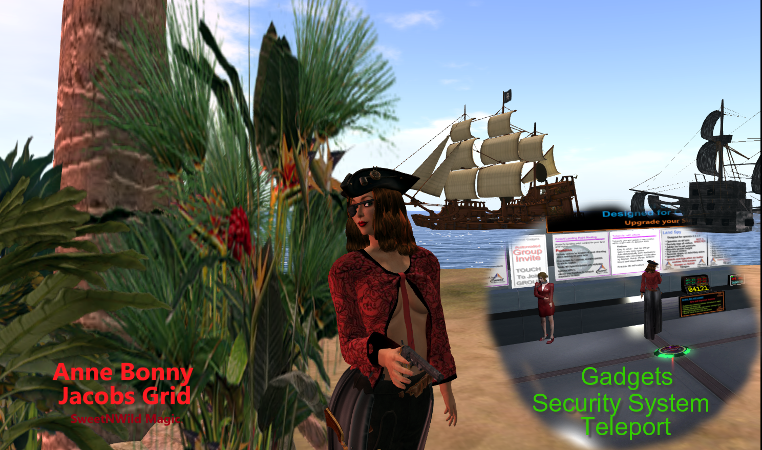 The pirate, Anne Bonny's hideaway. Ships in the background, Anne breasts exposed as done in battle.